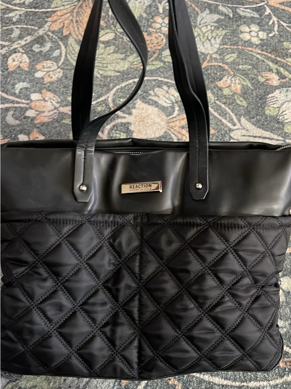 Kenneth Cole Reaction Black Quilted Nylon Tote with Smooth Trim and Plaque
